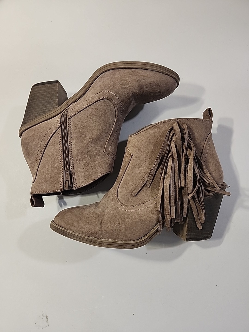 Faded Glory Fringe Faux Sueded Western Ankle Boots - Taupe Womens 8.5